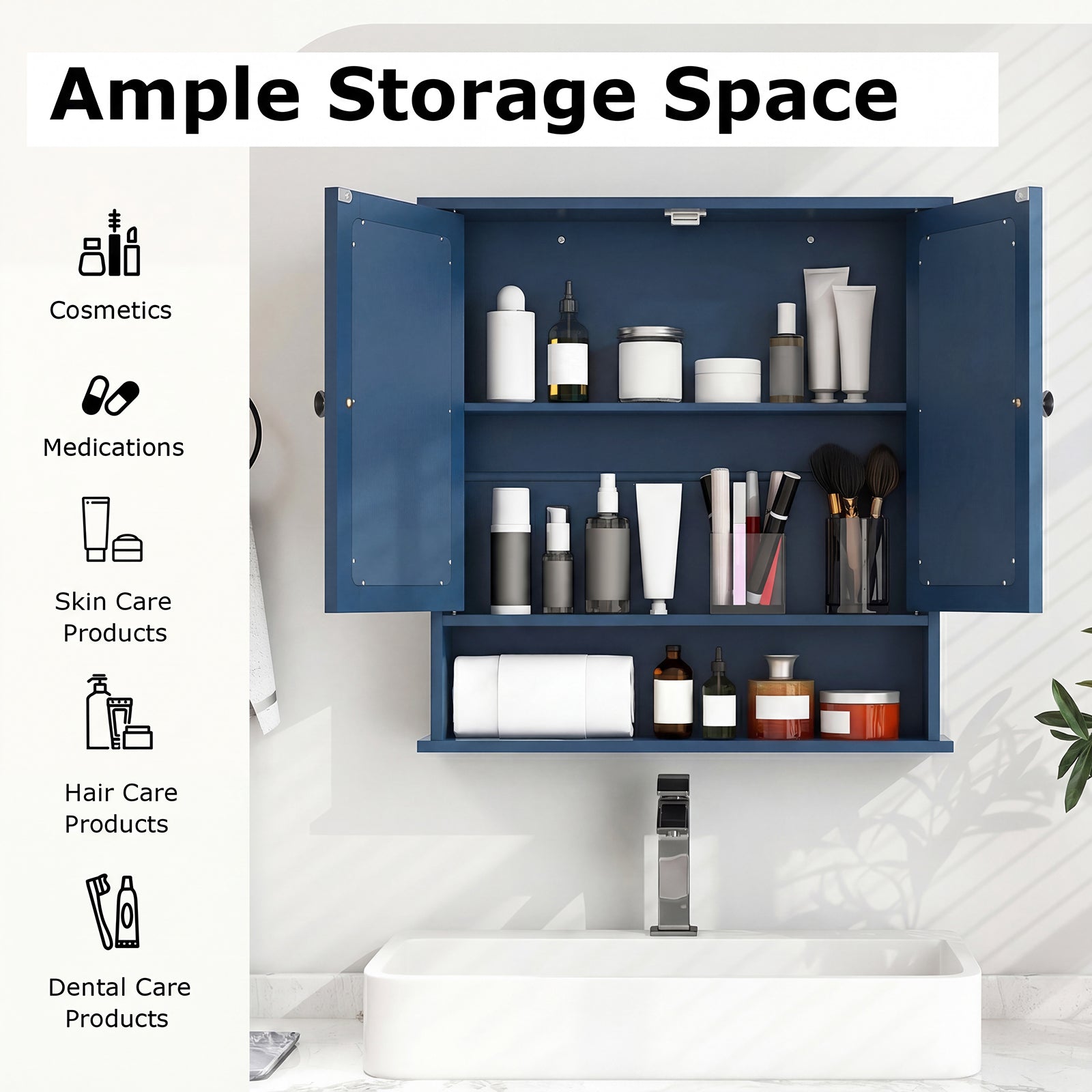 Double Door Wall-Mounted Bathroom Mirror Cabinet with Storage Shelf, Blue Wall Cabinets at Gallery Canada