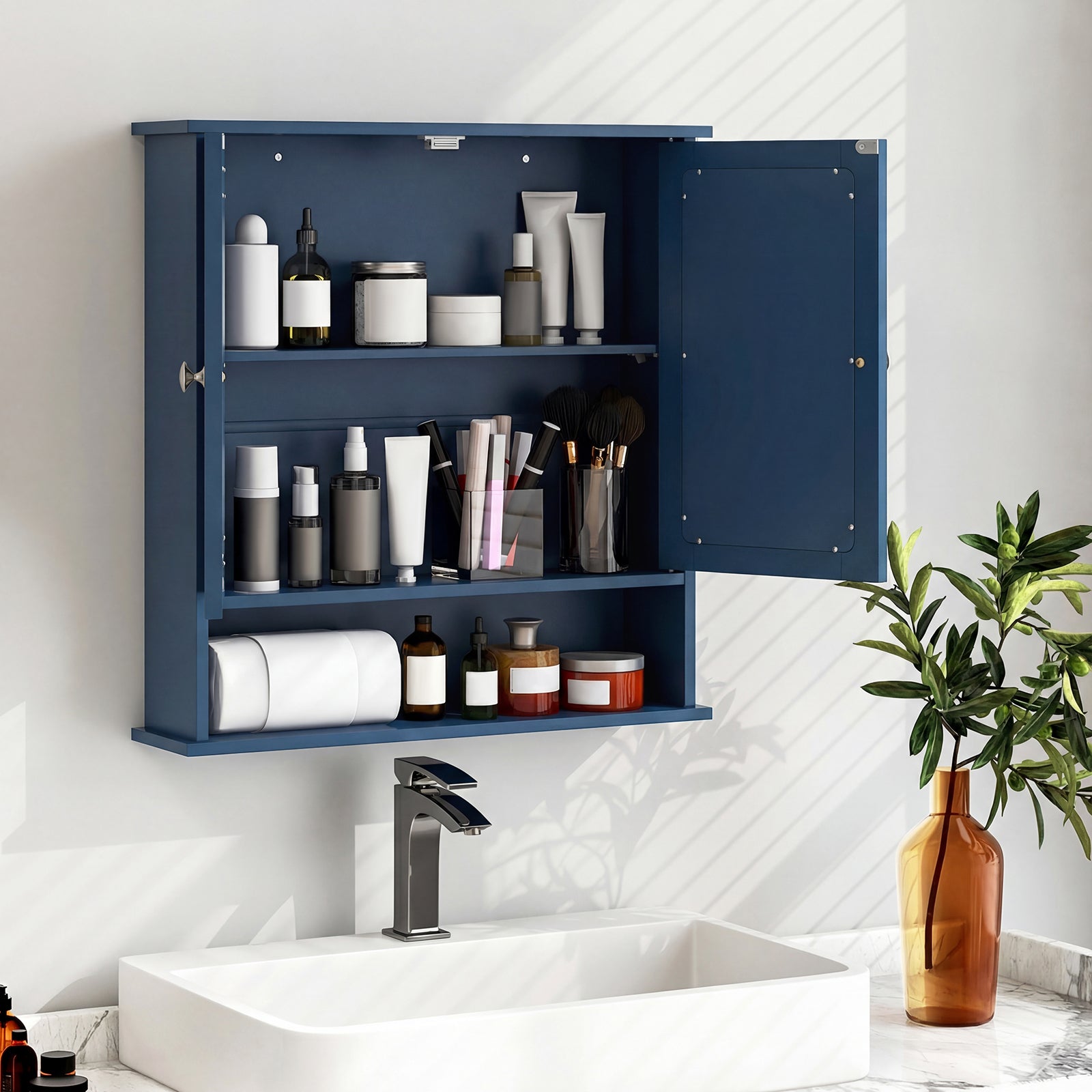 Double Door Wall-Mounted Bathroom Mirror Cabinet with Storage Shelf, Blue Wall Cabinets at Gallery Canada
