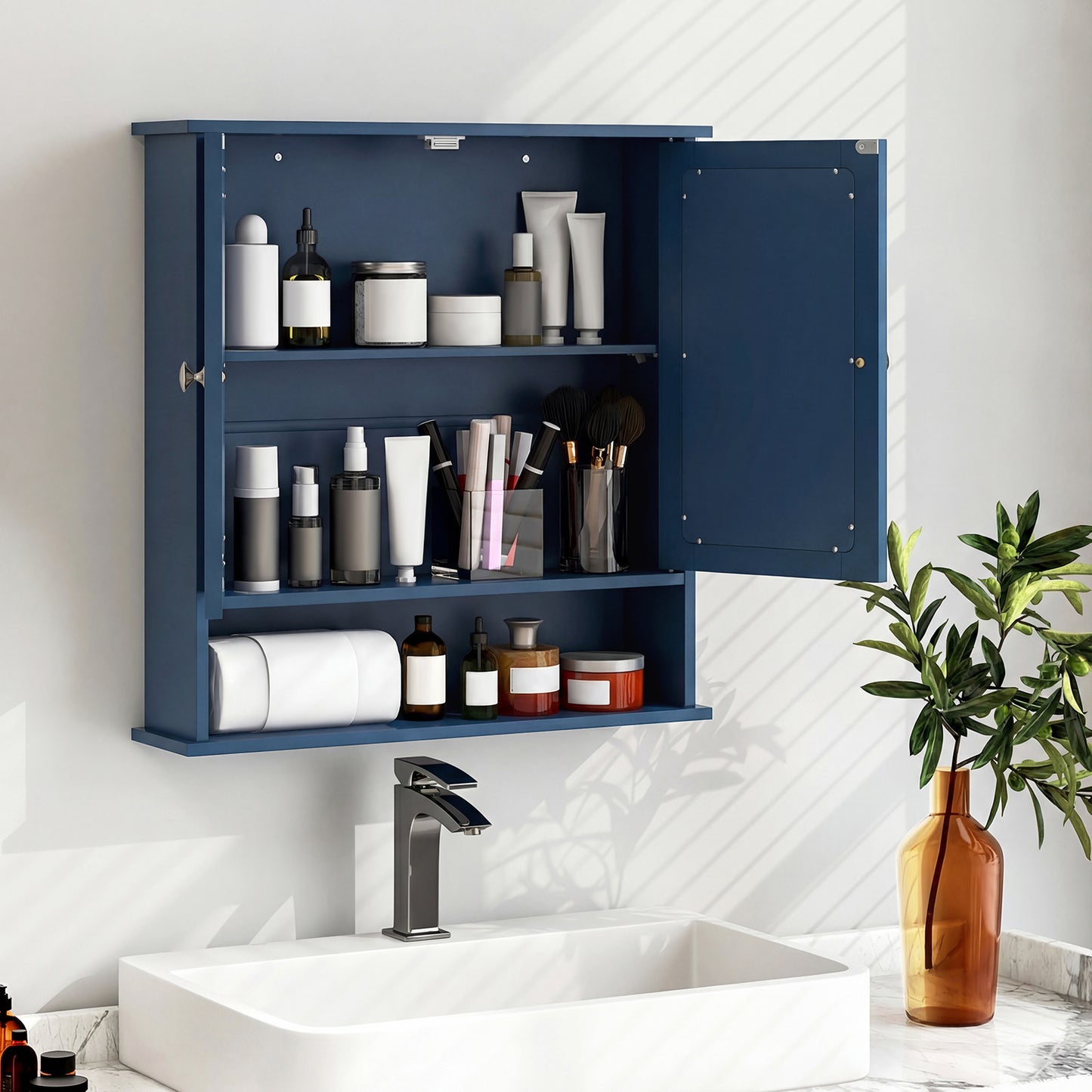 Double Door Wall-Mounted Bathroom Mirror Cabinet with Storage Shelf, Blue Wall Cabinets at Gallery Canada