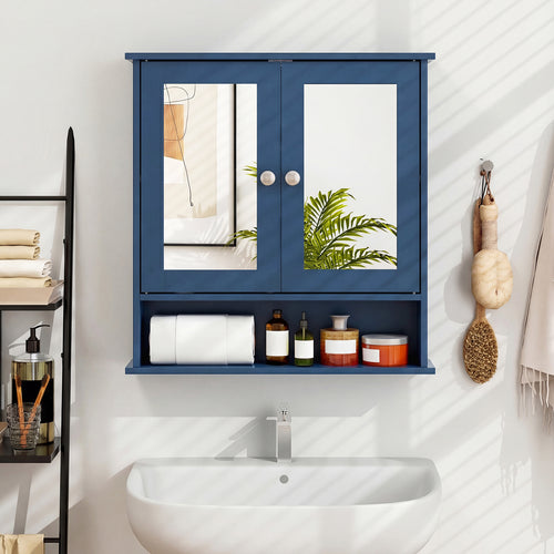 Double Door Wall-Mounted Bathroom Mirror Cabinet with Storage Shelf, Blue