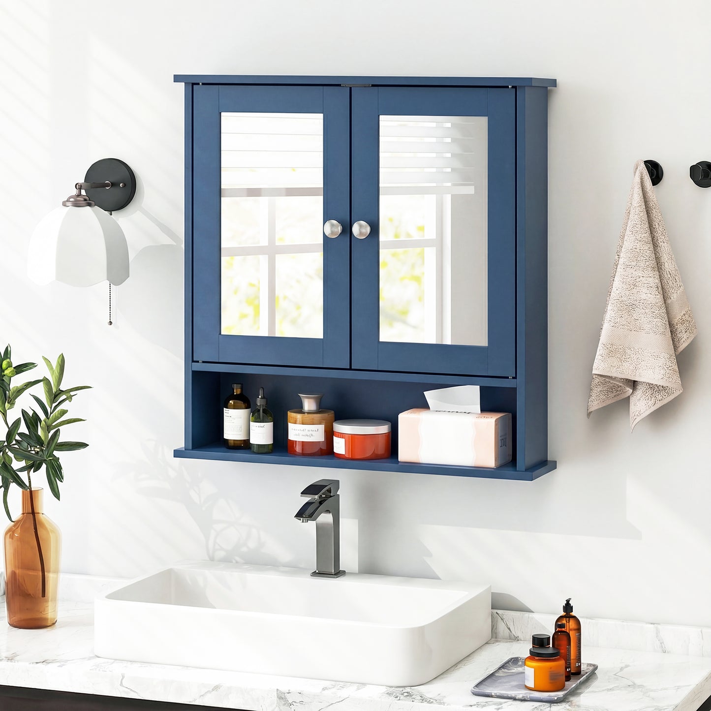 Double Door Wall-Mounted Bathroom Mirror Cabinet with Storage Shelf, Blue Wall Cabinets at Gallery Canada