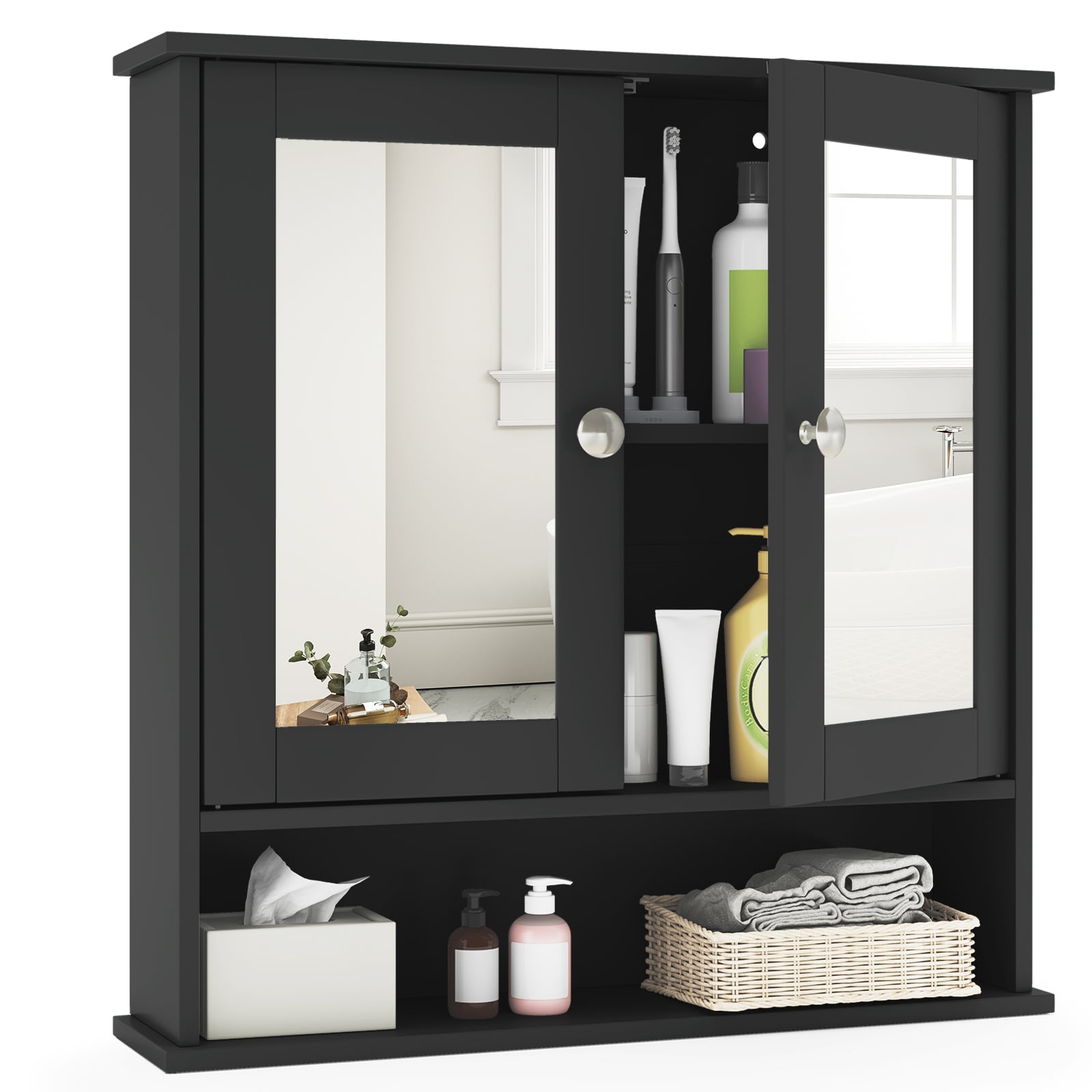 Double Door Wall Mounted Bathroom Mirror Cabinet With Storage Shelf, Black Wall Cabinets Black at Gallery Canada