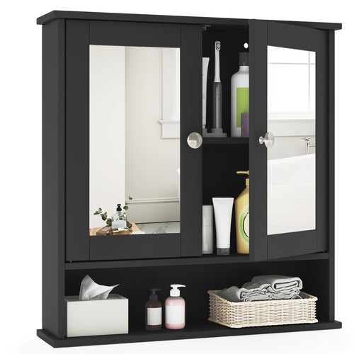 Double Door Wall Mounted Bathroom Mirror Cabinet With Storage Shelf, Black