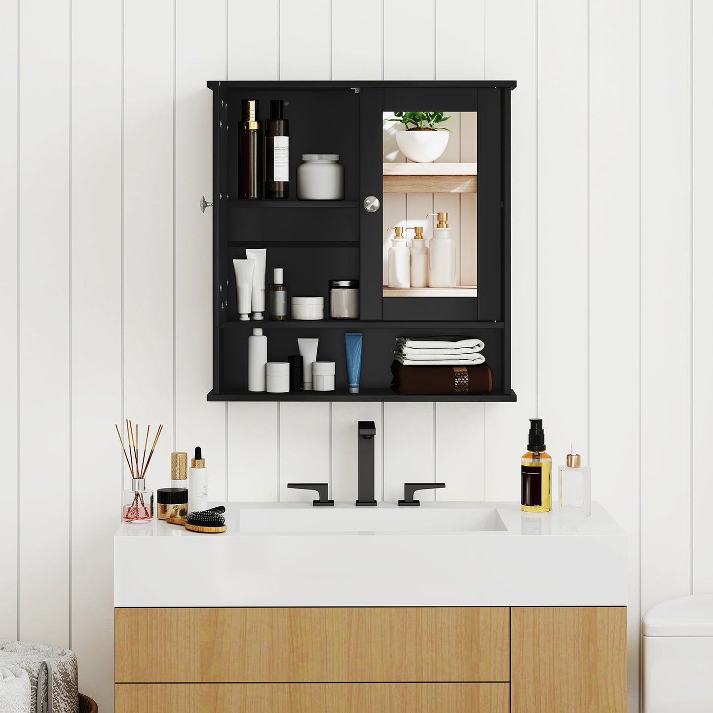 Double Door Wall Mounted Bathroom Mirror Cabinet With Storage Shelf, Black Wall Cabinets at Gallery Canada