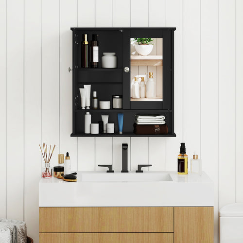 Double Door Wall Mounted Bathroom Mirror Cabinet With Storage Shelf, Black
