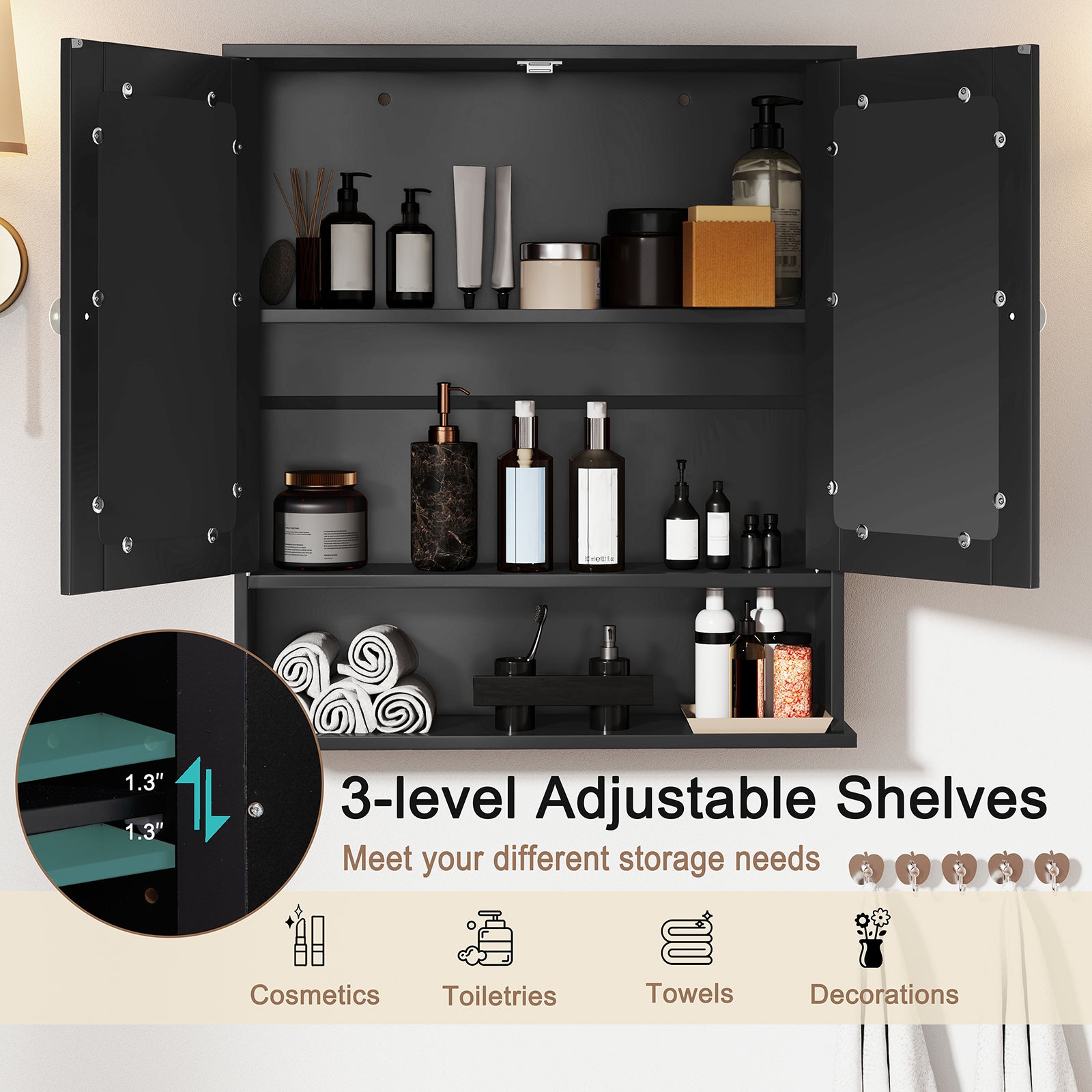 Double Door Wall Mounted Bathroom Mirror Cabinet With Storage Shelf, Black Wall Cabinets at Gallery Canada