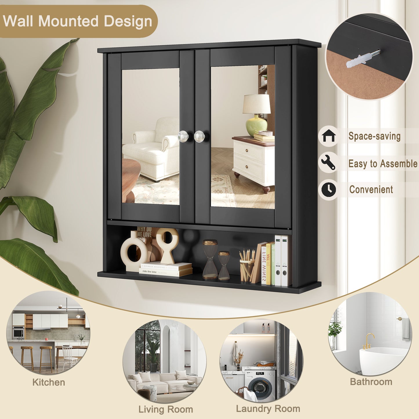 Double Door Wall Mounted Bathroom Mirror Cabinet With Storage Shelf, Black Wall Cabinets at Gallery Canada