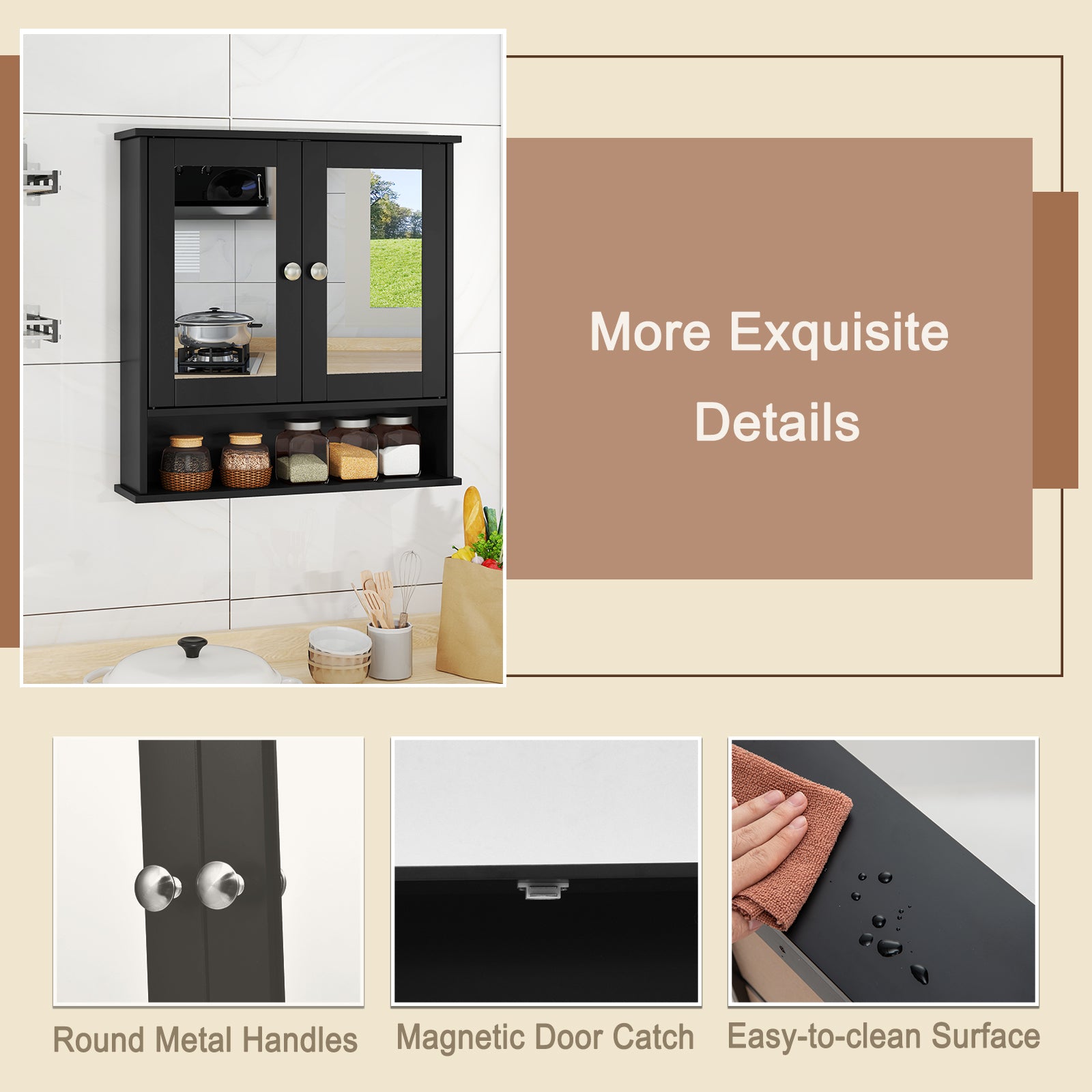 Double Door Wall Mounted Bathroom Mirror Cabinet With Storage Shelf, Black Wall Cabinets at Gallery Canada