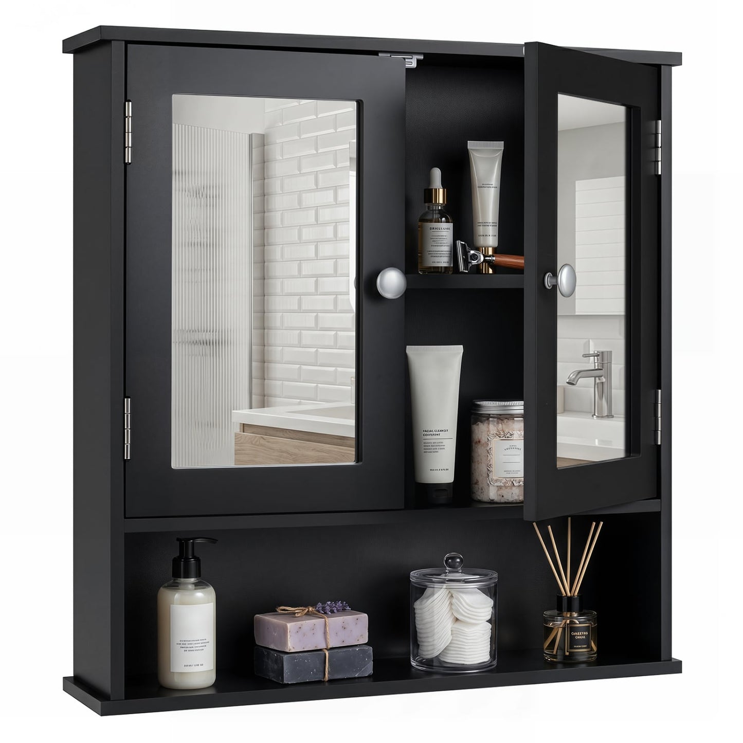 Double Door Wall Mounted Bathroom Mirror Cabinet With Storage Shelf, Black Wall Cabinets Black at Gallery Canada