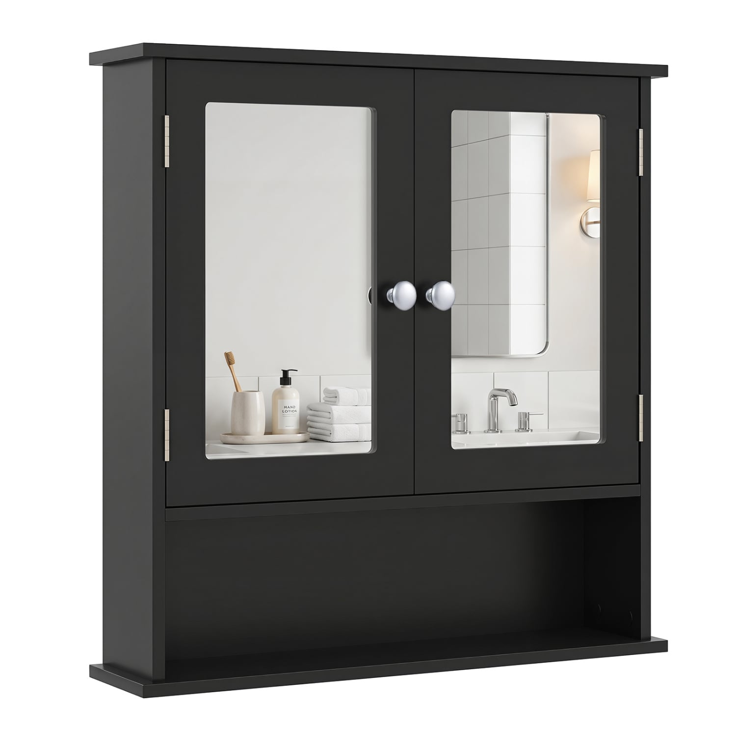 Double Door Wall Mounted Bathroom Mirror Cabinet With Storage Shelf, Black Wall Cabinets at Gallery Canada