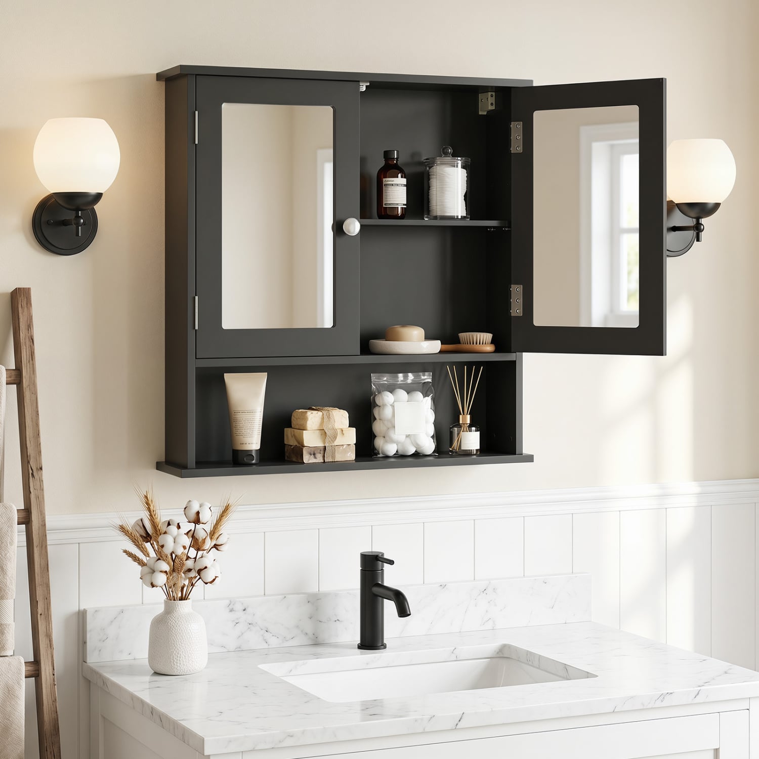 Double Door Wall Mounted Bathroom Mirror Cabinet With Storage Shelf, Black Wall Cabinets at Gallery Canada