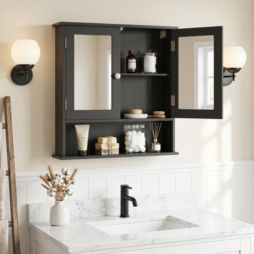 Double Door Wall Mounted Bathroom Mirror Cabinet With Storage Shelf, Black