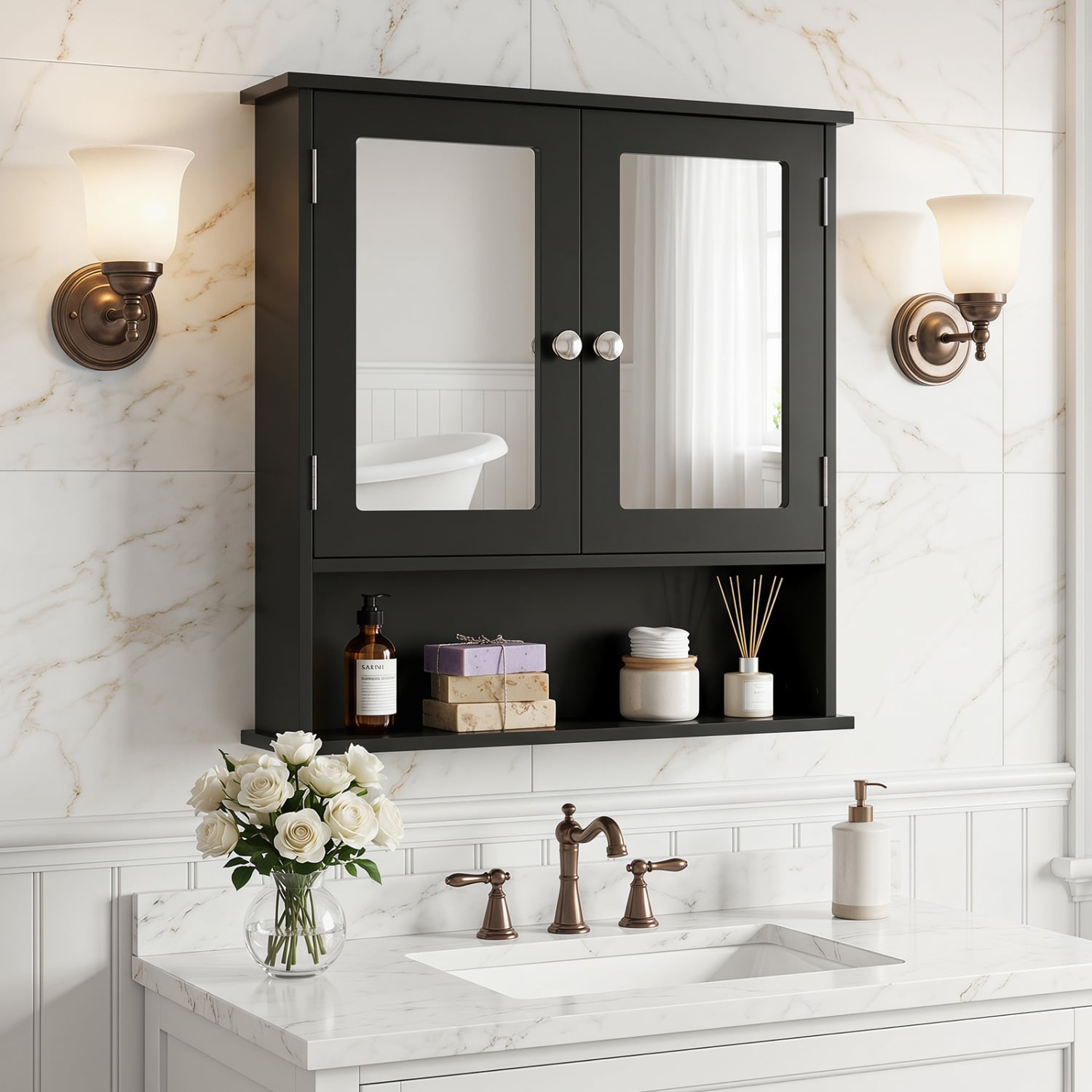 Double Door Wall Mounted Bathroom Mirror Cabinet With Storage Shelf, Black Wall Cabinets at Gallery Canada