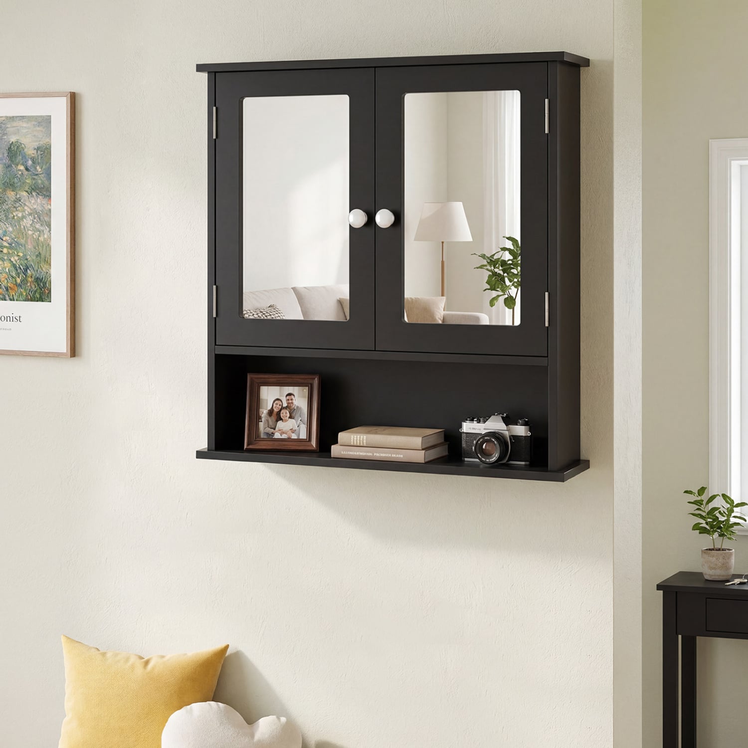 Double Door Wall Mounted Bathroom Mirror Cabinet With Storage Shelf, Black Wall Cabinets at Gallery Canada