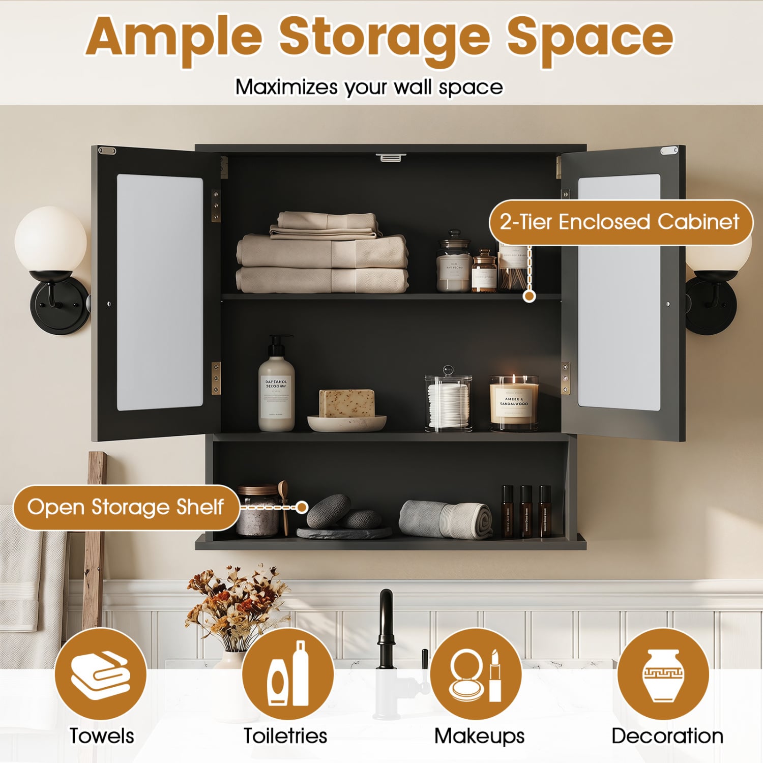 Double Door Wall Mounted Bathroom Mirror Cabinet With Storage Shelf, Black Wall Cabinets at Gallery Canada