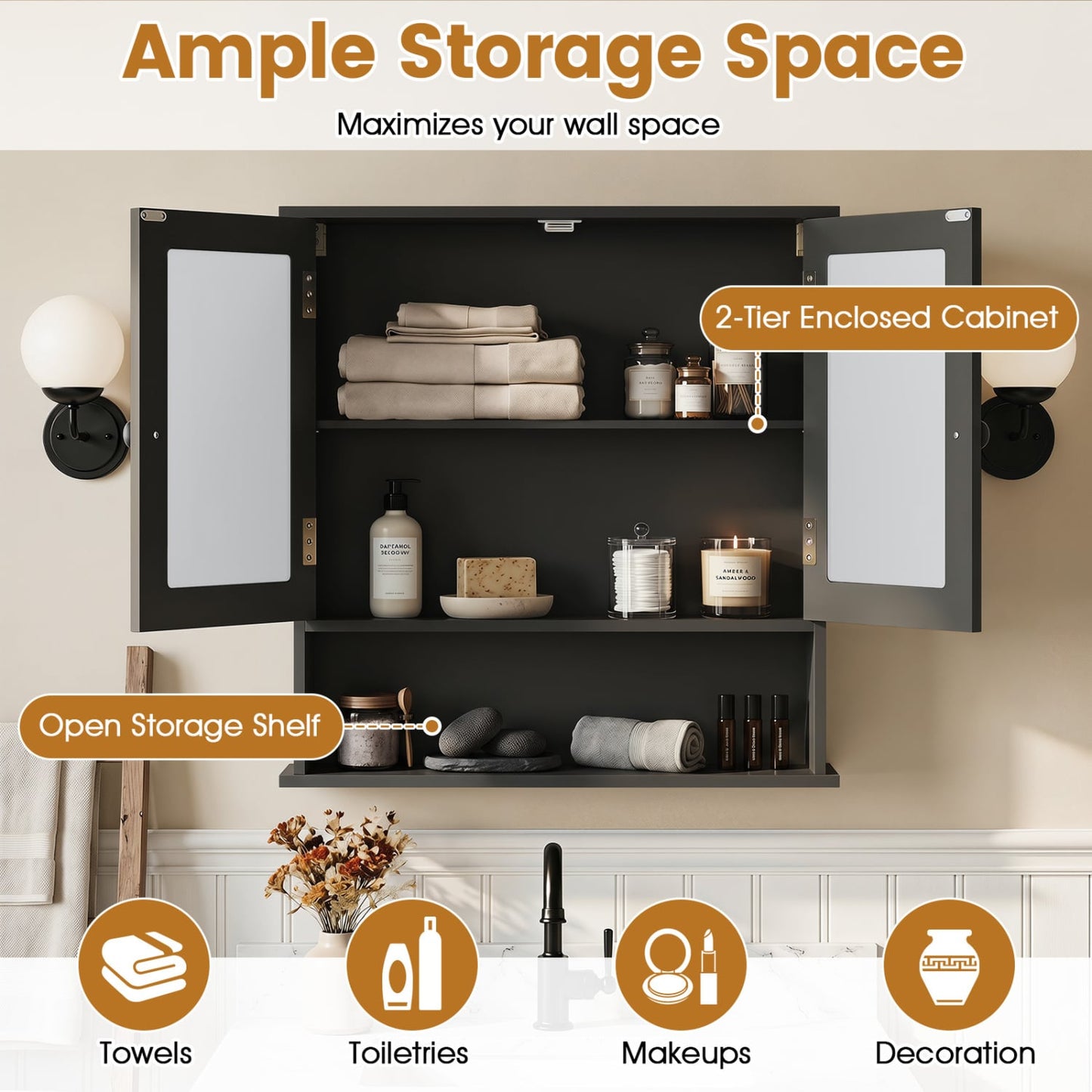 Double Door Wall Mounted Bathroom Mirror Cabinet With Storage Shelf, Black Wall Cabinets at Gallery Canada