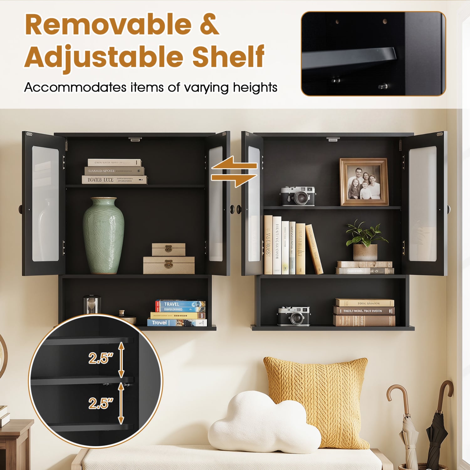 Double Door Wall Mounted Bathroom Mirror Cabinet With Storage Shelf, Black Wall Cabinets at Gallery Canada