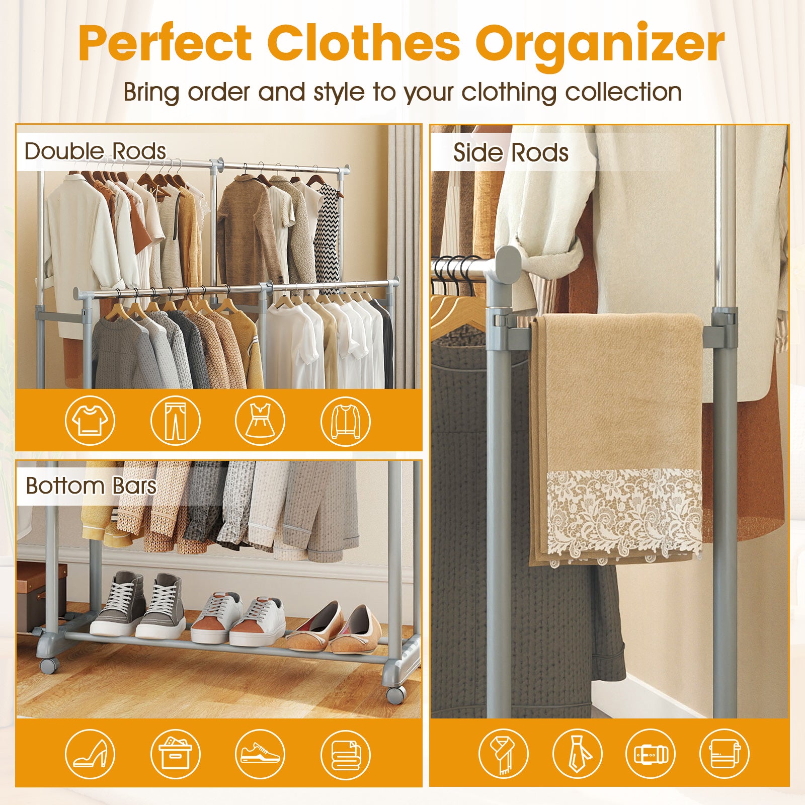 Double Rod Clothes Rack, Heavy-Duty Metal, Silver Clothing & Closet Storage at Gallery Canada