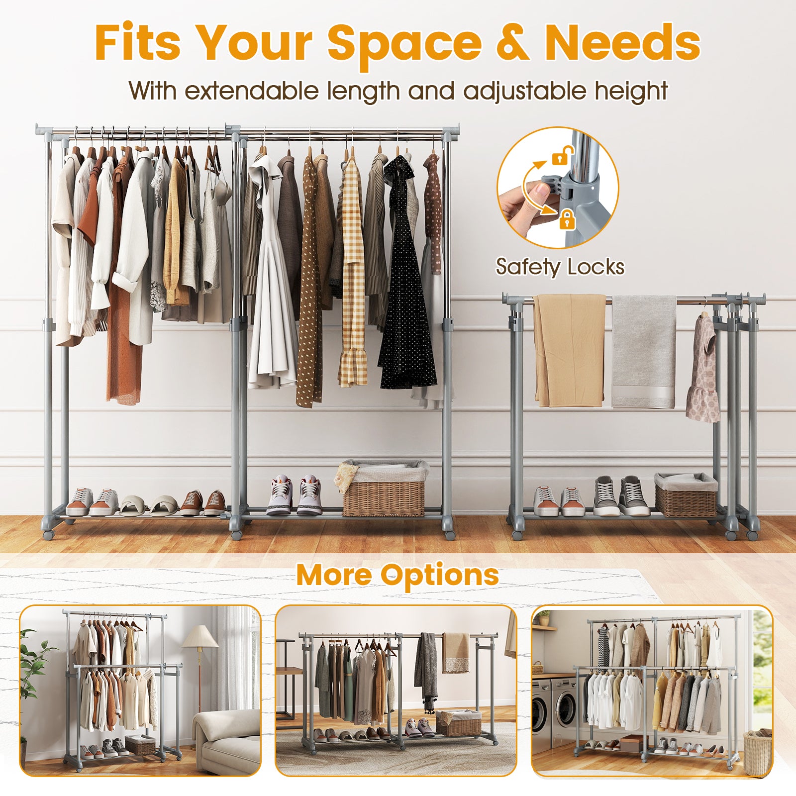 Double Rod Clothes Rack, Heavy-Duty Metal, Silver Clothing & Closet Storage at Gallery Canada