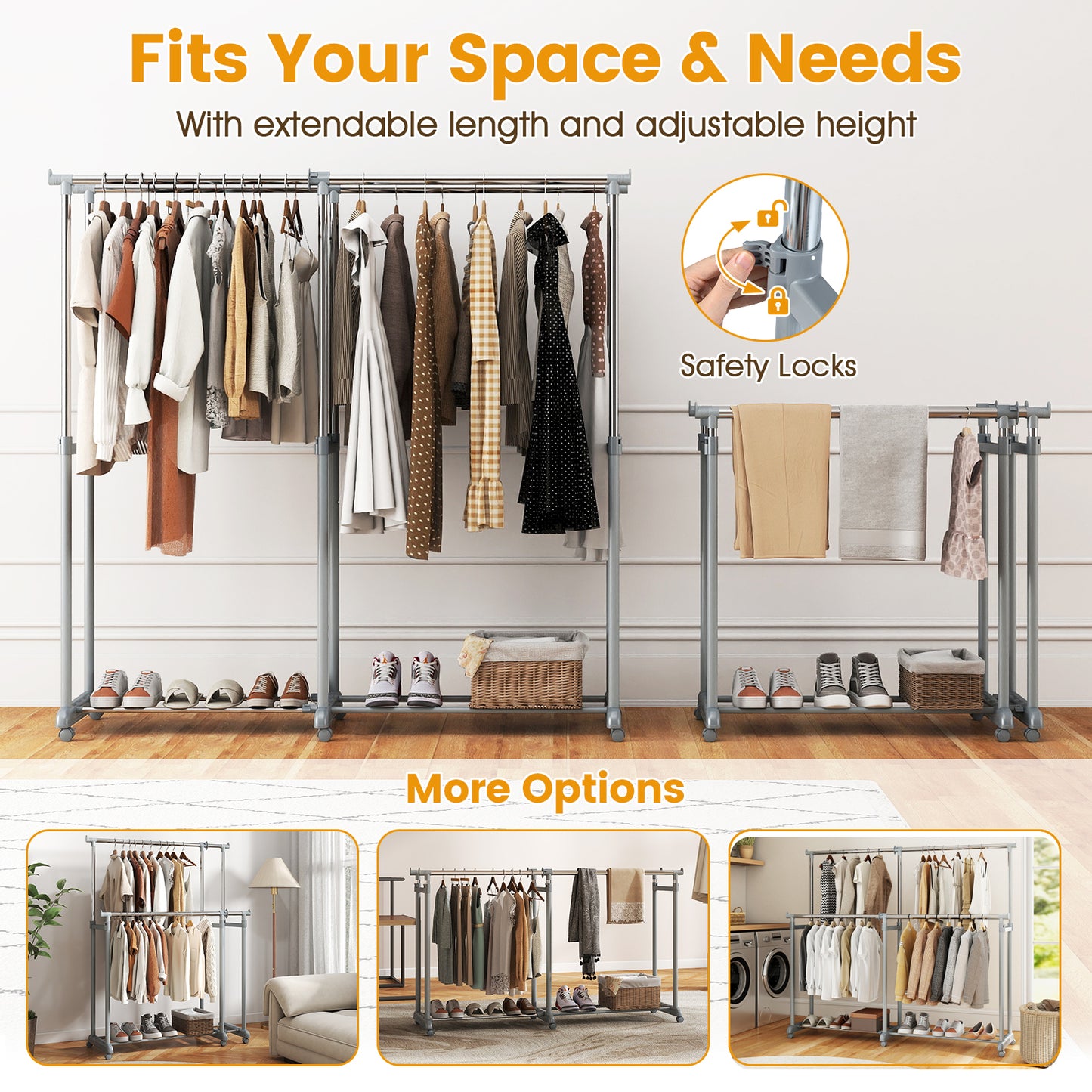 Double Rod Clothes Rack, Heavy-Duty Metal, Silver Clothing & Closet Storage at Gallery Canada