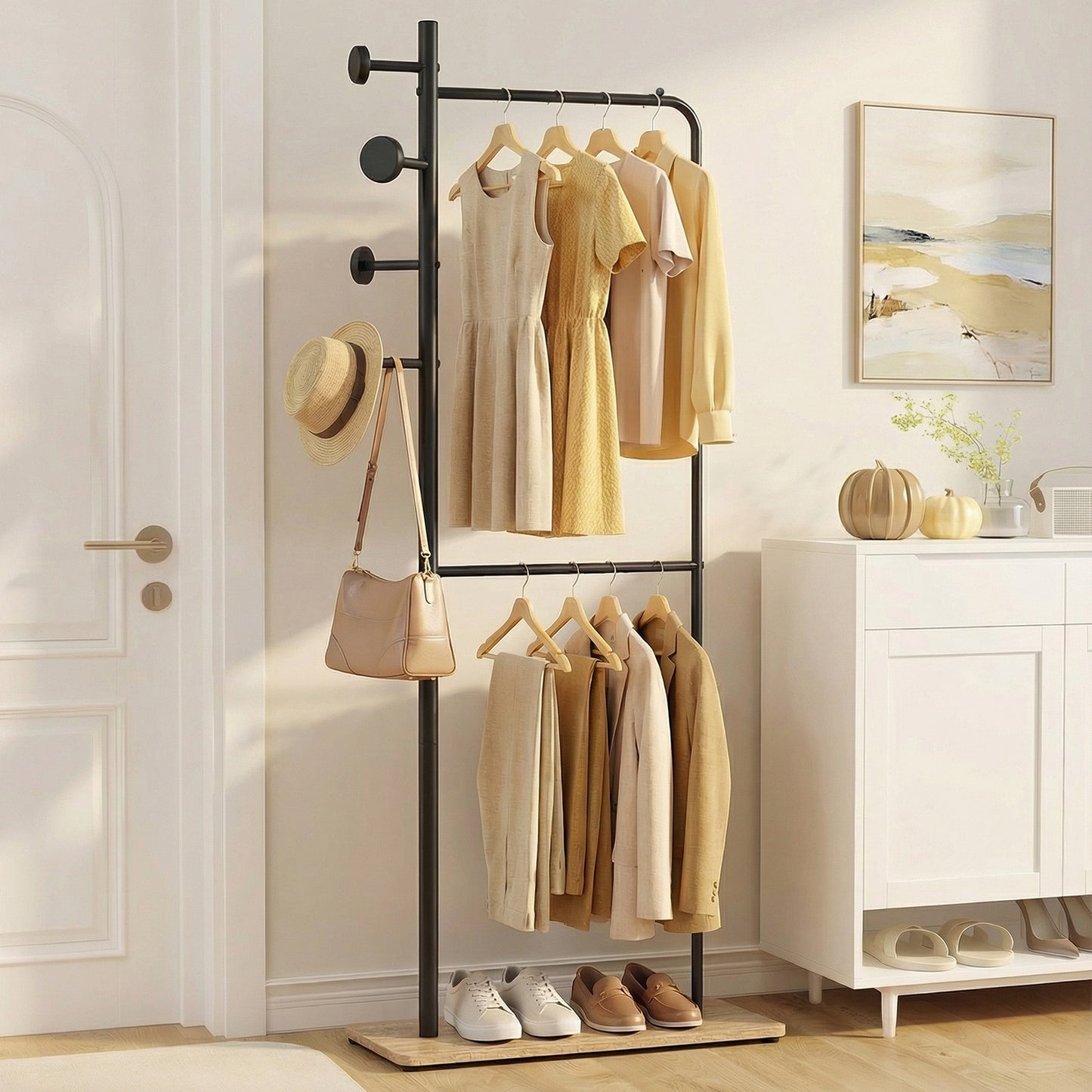Double Rods Clothes Hanging Rack with Rubber Wood Hooks Coat Racks & Hall Trees at Gallery Canada