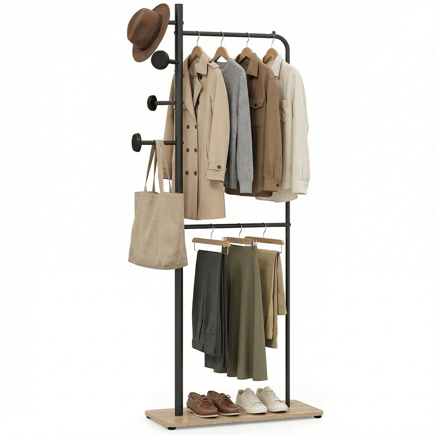 Double Rods Clothes Hanging Rack with Rubber Wood Hooks Coat Racks & Hall Trees at Gallery Canada
