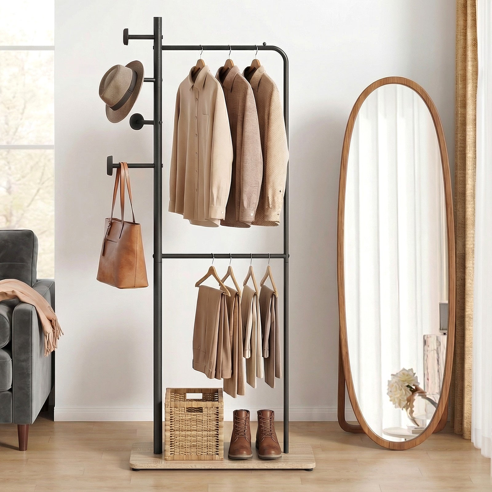Double Rods Clothes Hanging Rack with Rubber Wood Hooks Coat Racks & Hall Trees at Gallery Canada