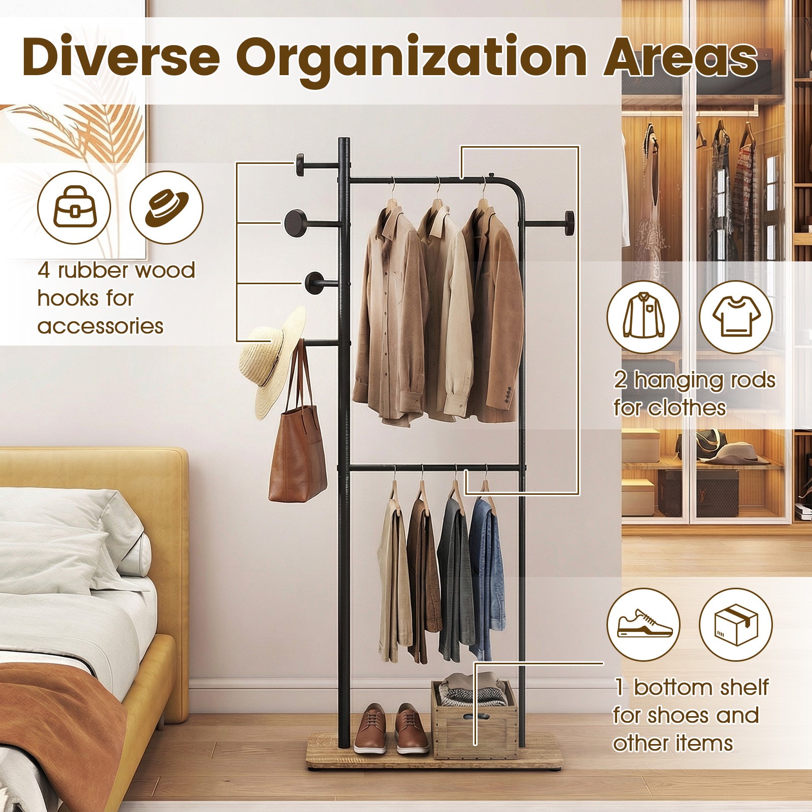 Double Rods Clothes Hanging Rack with Rubber Wood Hooks Coat Racks & Hall Trees at Gallery Canada