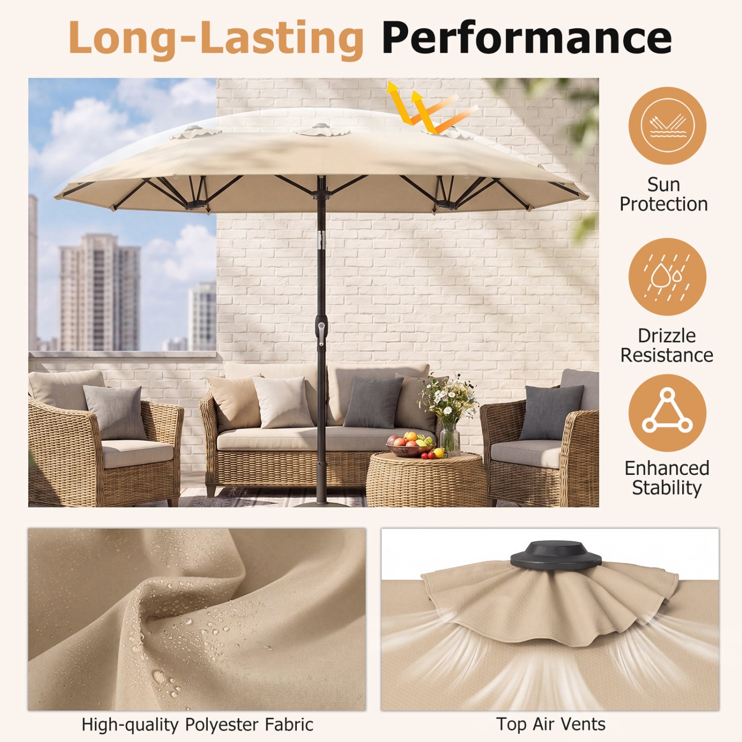 Double-Sided Patio Umbrella, Push Button Tilt, Beige Outdoor Umbrellas at Gallery Canada