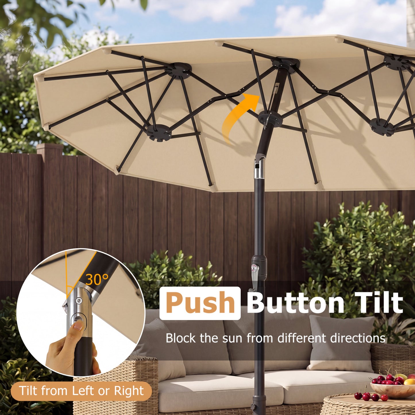 Double-Sided Patio Umbrella, Push Button Tilt, Beige Outdoor Umbrellas at Gallery Canada