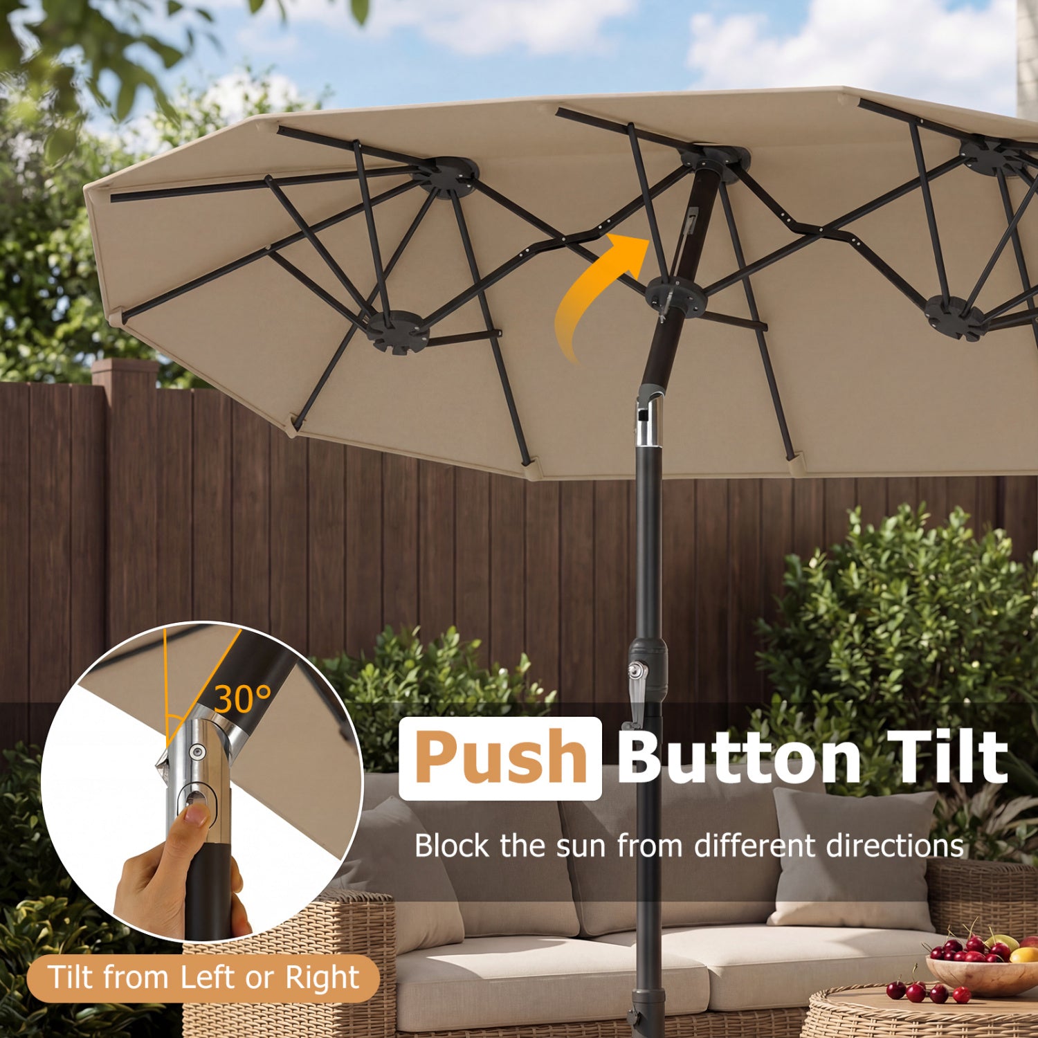Double Sided Patio Umbrella, Push Button Tilt, Coffee Outdoor Umbrellas at Gallery Canada