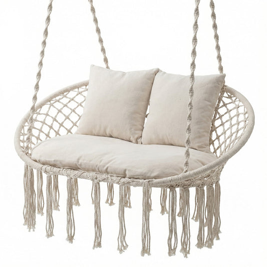 Double Swing Chair With Cushions, Macrame Hanging Hammock, Beige Hammocks Beige at Gallery Canada