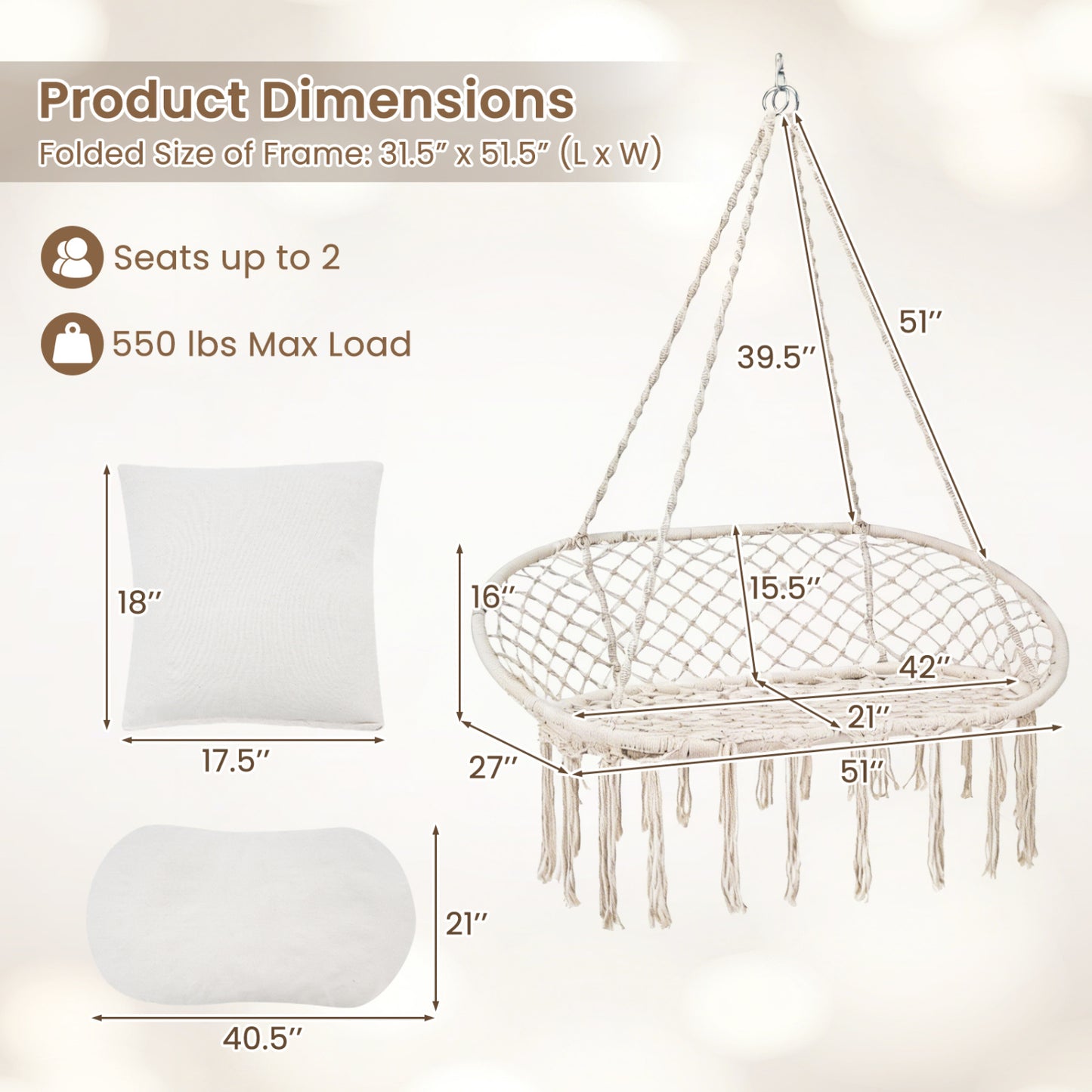 Double Swing Chair With Cushions, Macrame Hanging Hammock, Beige Hammocks at Gallery Canada