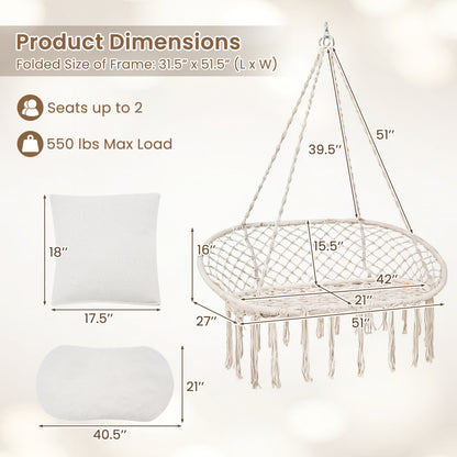 Double Swing Chair With Cushions, Macrame Hanging Hammock, Beige Hammocks at Gallery Canada