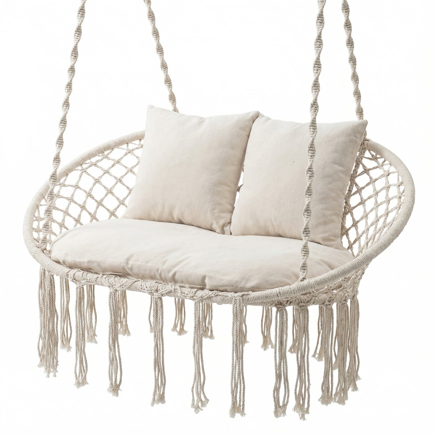 Double Swing Chair With Cushions, Macrame Hanging Hammock, Beige Hammocks Beige at Gallery Canada