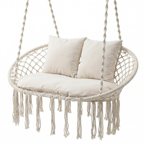 Double Swing Chair With Cushions, Macrame Hanging Hammock, Beige