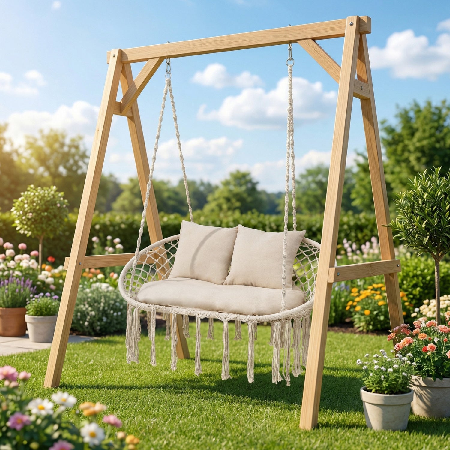 Double Swing Chair With Cushions, Macrame Hanging Hammock, Beige Hammocks at Gallery Canada