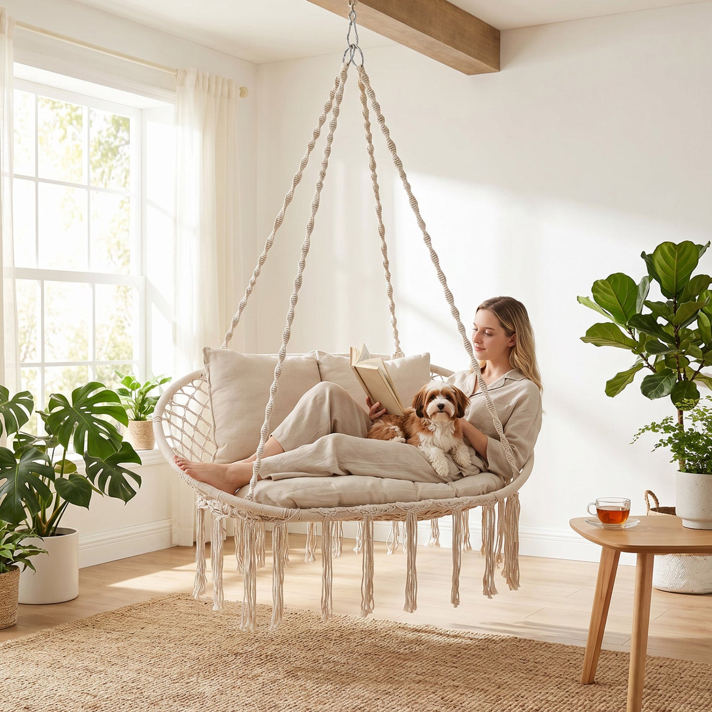 Double Swing Chair With Cushions, Macrame Hanging Hammock, Beige Hammocks at Gallery Canada