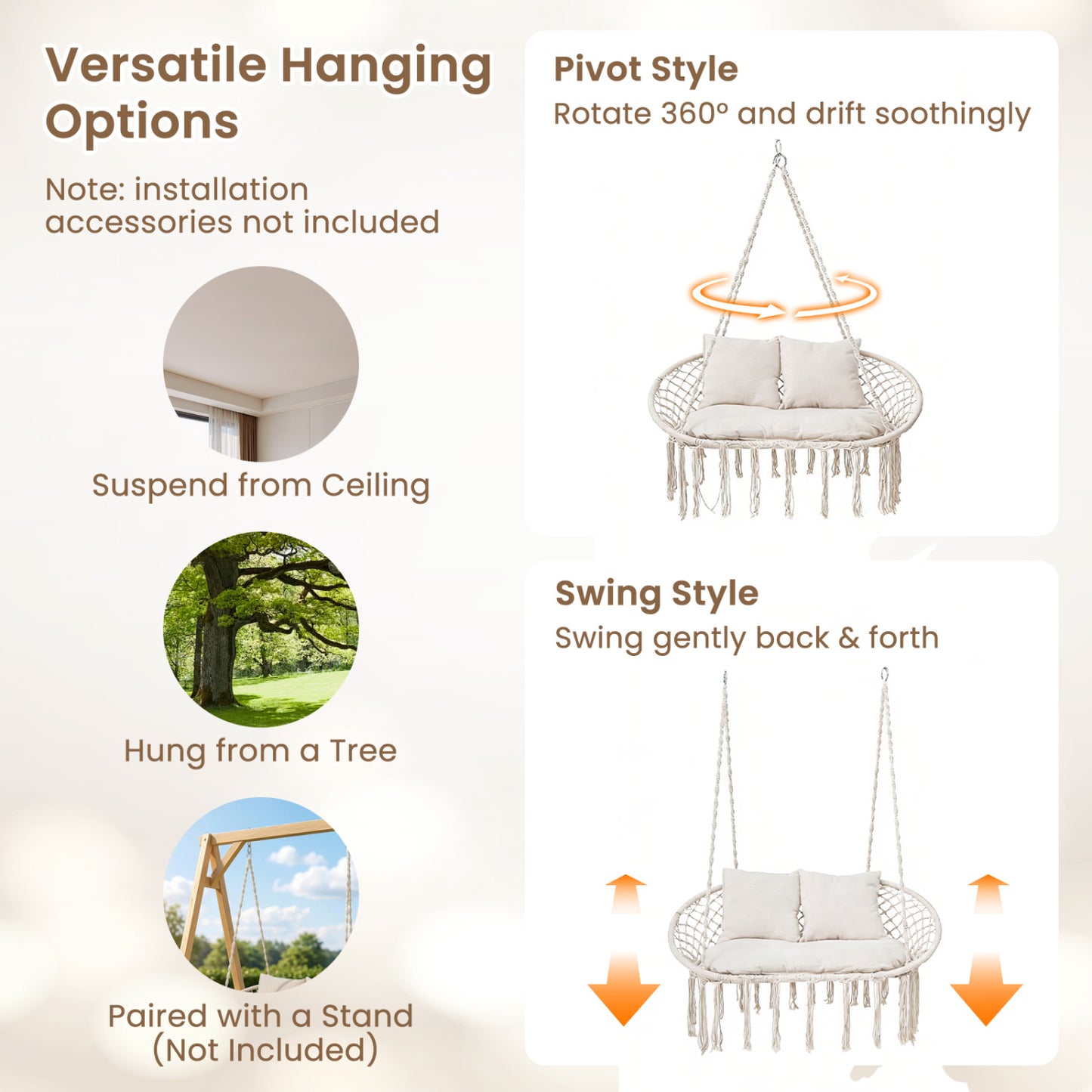Double Swing Chair With Cushions, Macrame Hanging Hammock, Beige Hammocks at Gallery Canada