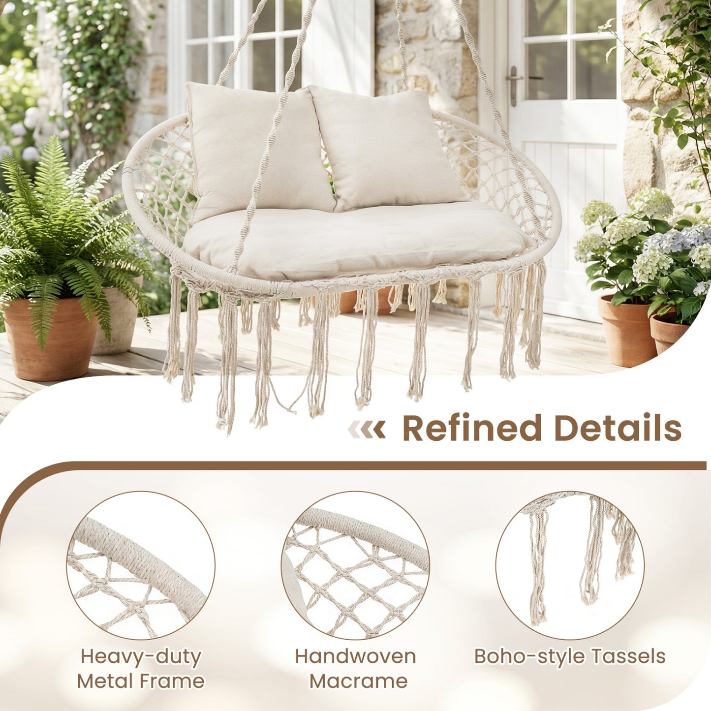Double Swing Chair With Cushions, Macrame Hanging Hammock, Beige Hammocks at Gallery Canada