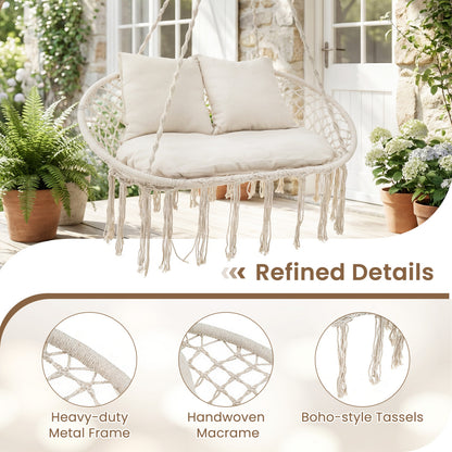 Double Swing Chair With Cushions, Macrame Hanging Hammock, Beige Hammocks at Gallery Canada