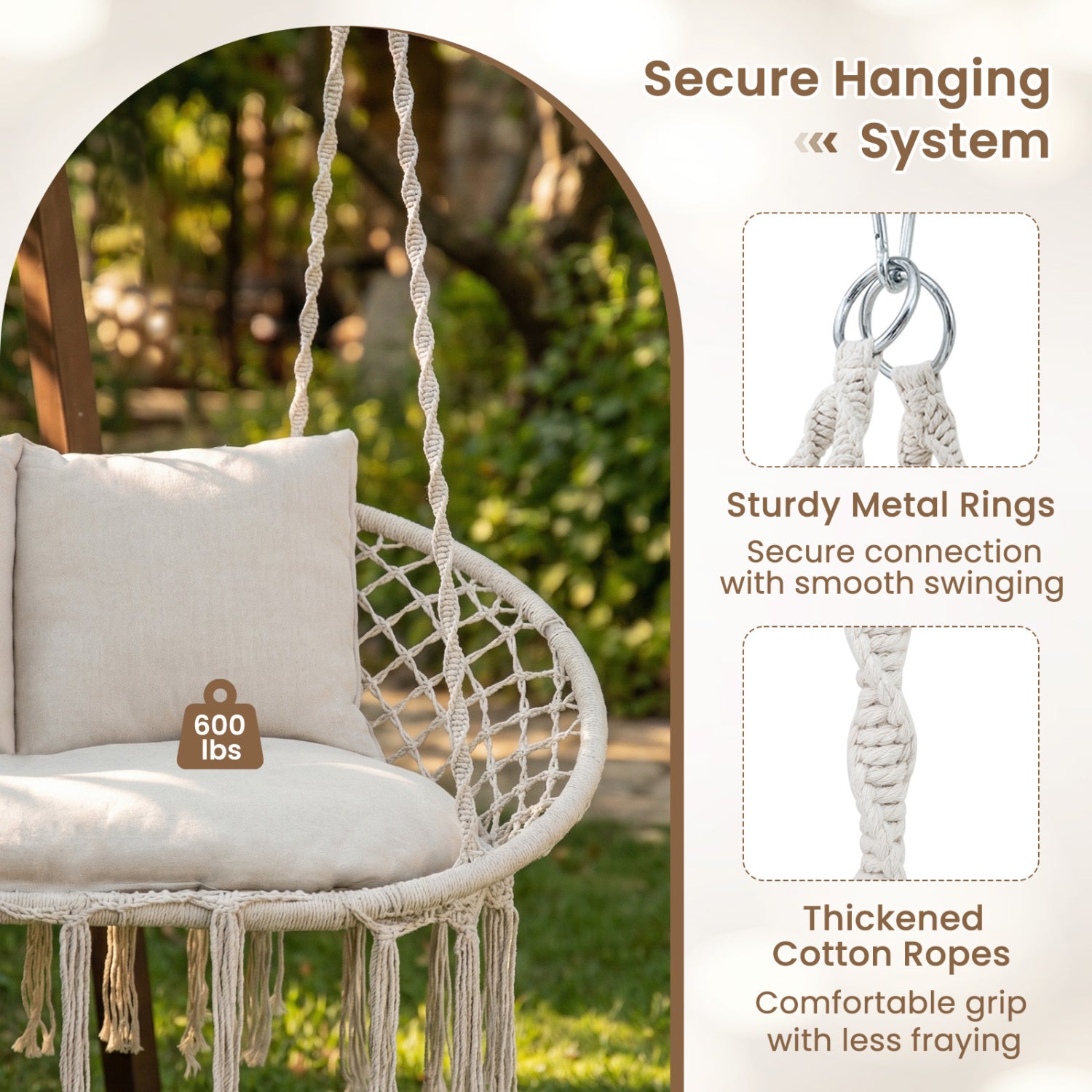 Double Swing Chair With Cushions, Macrame Hanging Hammock, Beige Hammocks at Gallery Canada