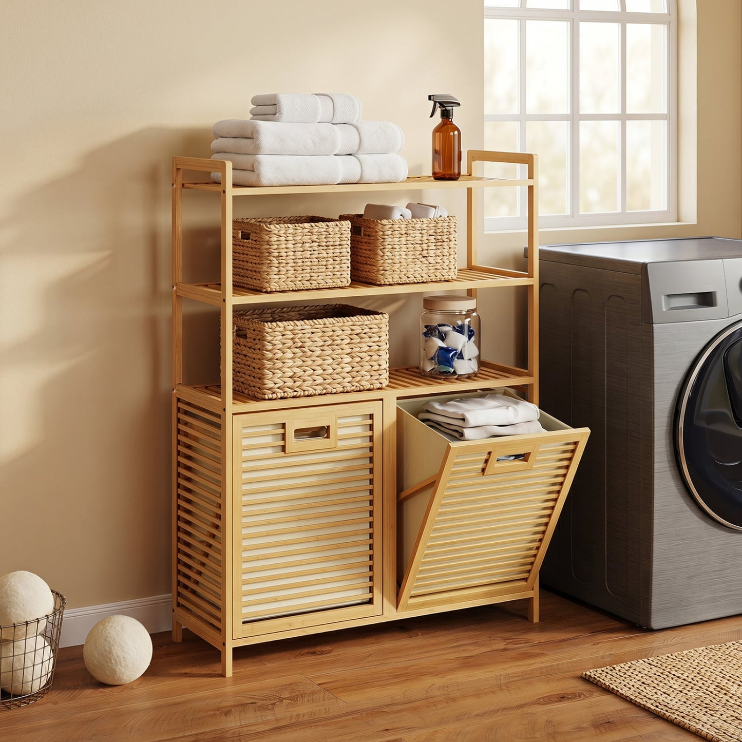 Double Tilt Out Laundry Hamper, 3 Shelves, 2 Baskets, Natural