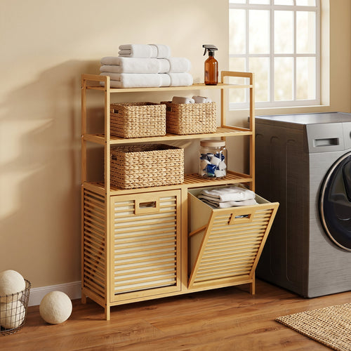 Double Tilt Out Laundry Hamper, 3 Shelves, 2 Baskets, Natural