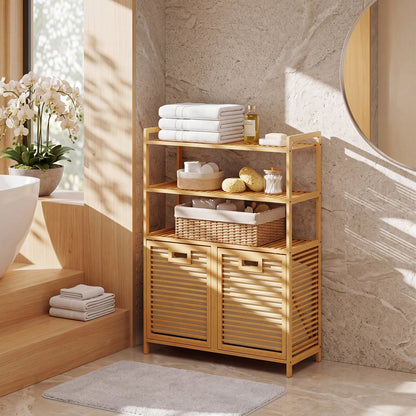 Double Tilt Out Laundry Hamper, 3 Shelves, 2 Baskets, Natural