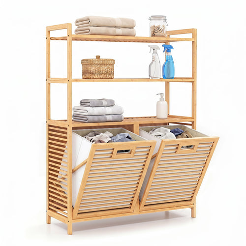 Double Tilt Out Laundry Hamper, 3 Shelves, 2 Baskets, Natural