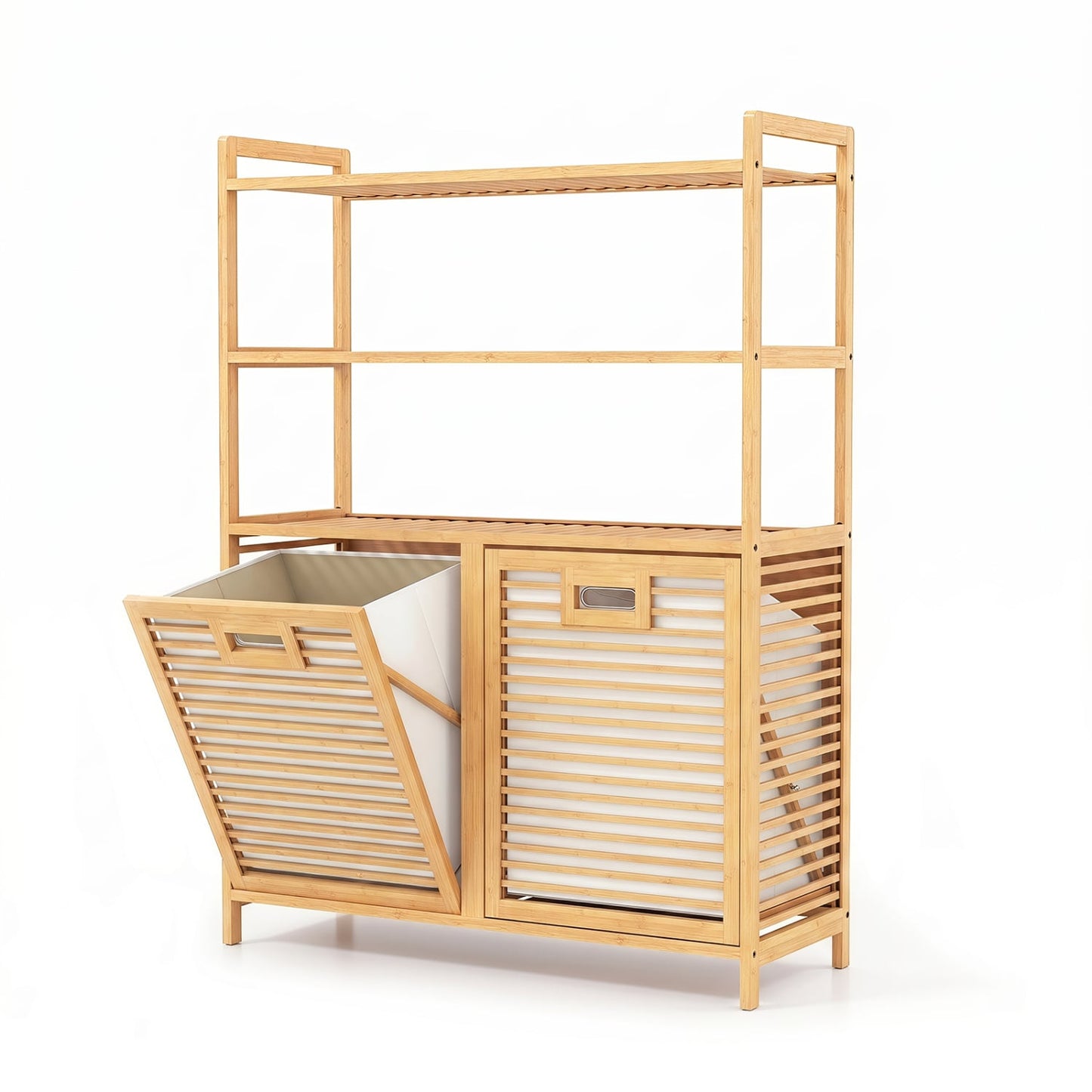 Double Tilt Out Laundry Hamper, 3 Shelves, 2 Baskets, Natural