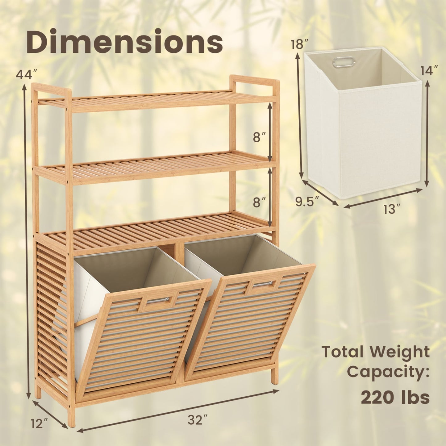Double Tilt Out Laundry Hamper, 3 Shelves, 2 Baskets, Natural