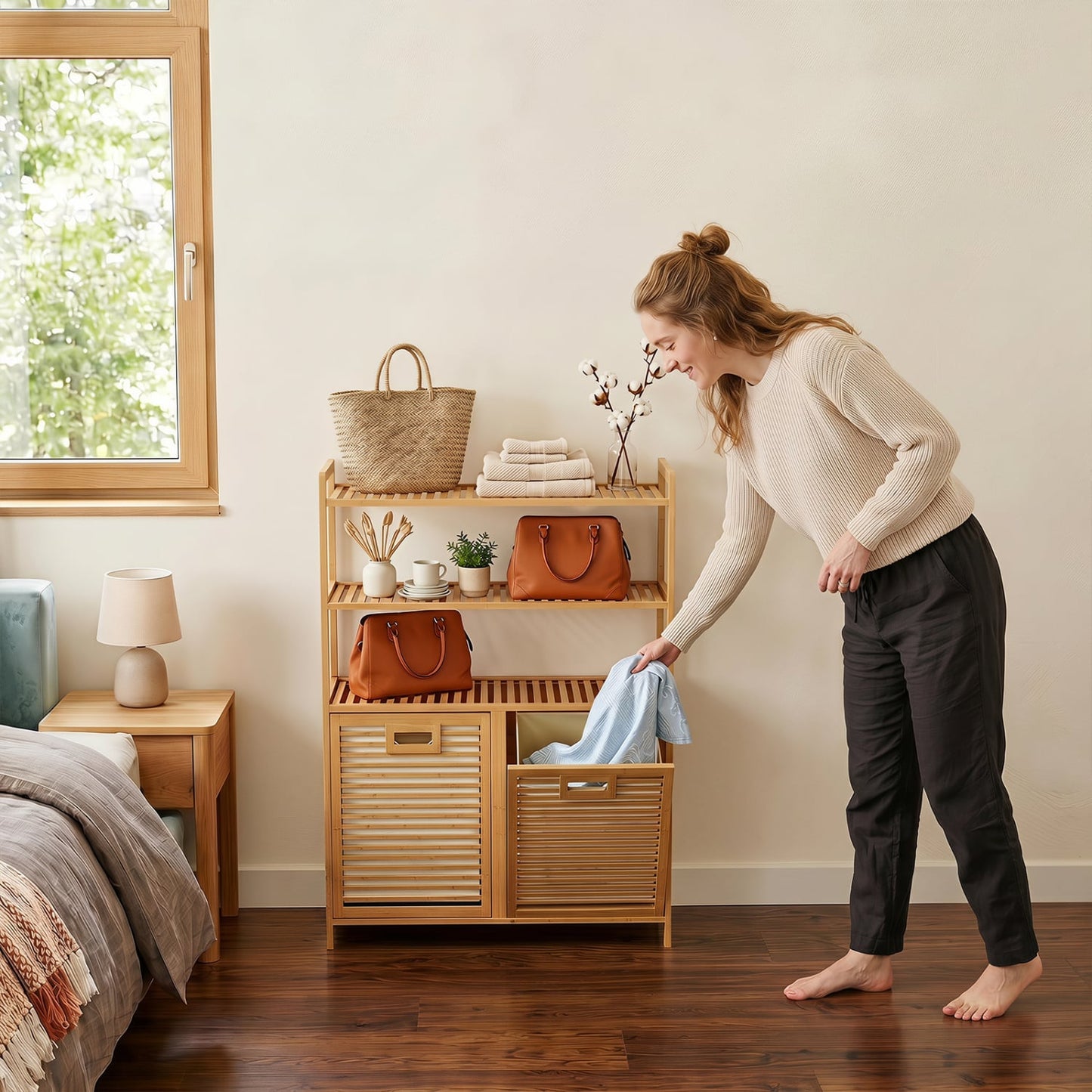 Double Tilt Out Laundry Hamper, 3 Shelves, 2 Baskets, Natural
