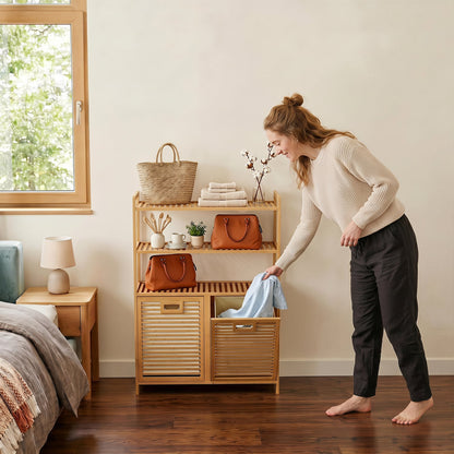 Double Tilt Out Laundry Hamper, 3 Shelves, 2 Baskets, Natural